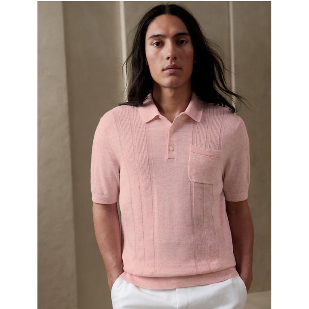 Banana Republic Polo Mens S Heavenly Pink Linen Cotton Blend Sweater SS Ribbed